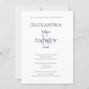 Navy blue typography rehearsal dinner invitations