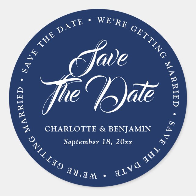 Navy Blue Typography Wedding Save The Date Classic Round Sticker (Front)