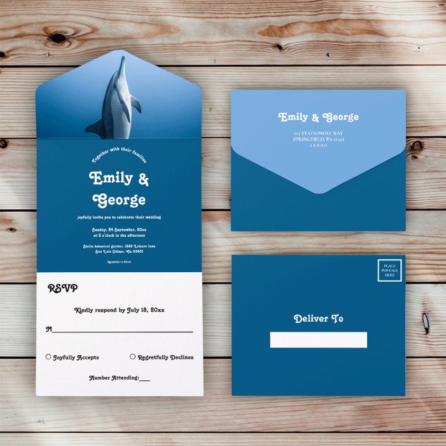 Navy Blue Under The Sea Dolphin Coastal Wedding All In One Invitation (Creator Uploaded)