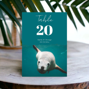 Navy Blue Underwater Aqua Sea Lion Coastal Wedding Table Number