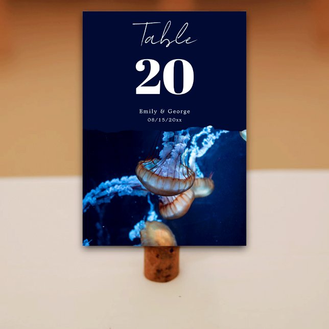 Navy Blue Underwater Jellyfish Nautical Wedding Table Number (Creator Uploaded)