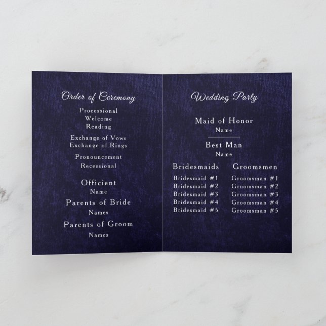 Navy Blue Velvet White Folded Wedding Program (Inside)