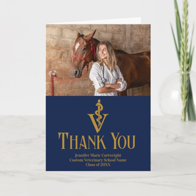 Navy Blue Veterinary School Graduate Photo Custom Thank You Card (Front)