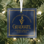 Navy Blue Veterinary School Graduation Christmas Glass Ornament<br><div class="desc">This custom navy blue veterinary school graduation Christmas ornament for a veterinarian features the gold medical caduceus for the class of 2025. Customize with your graduating year under the elegant calligraphy for a great personalized university graduate gift.</div>