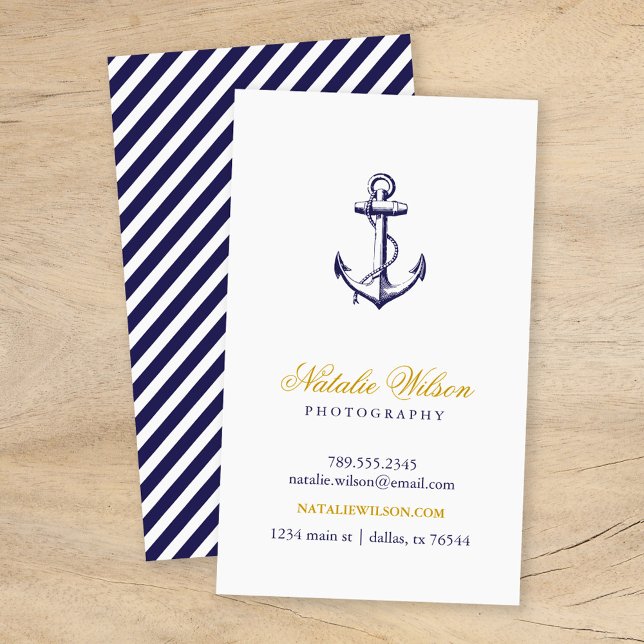 Navy Blue Vintage Anchor Vertical Business Card (Creator Uploaded)