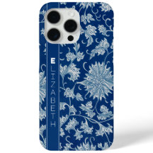 Navy Blue Vintage Chinese Flower Pattern with Name