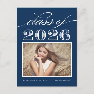 Navy Blue Vintage Class of 2026 Photo Graduation Announcement Postcard