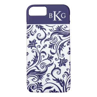 Navy Blue Vintage Damask Pattern Custom Monogram Case-Mate iPhone Case