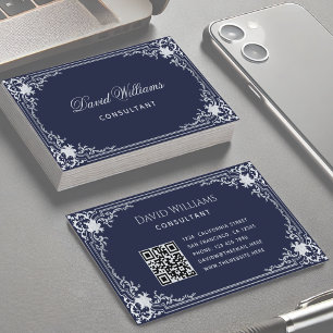 Navy Blue Vintage Elegant Script QR Code on Back Business Card