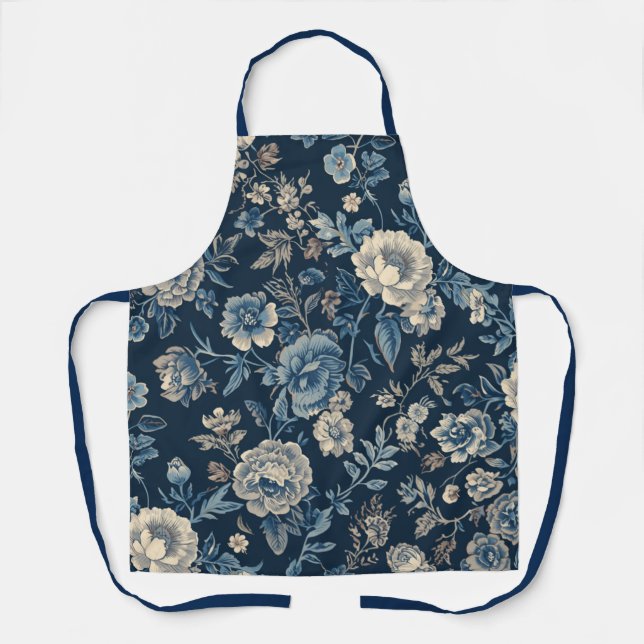 Navy Blue Vintage Floral Botanical Pattern Apron (Front)