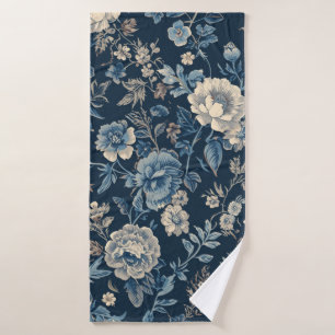 Navy Blue Vintage Floral Botanical Pattern Bath Towel