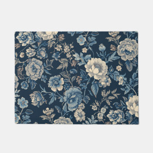 Navy Blue Vintage Floral Botanical Pattern Doormat