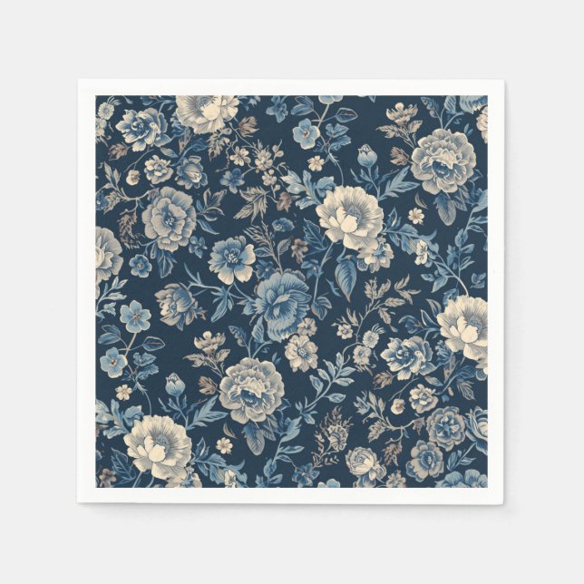 Navy Blue Vintage Floral Botanical Pattern Napkin (Front)