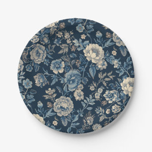 Navy Blue Vintage Floral Botanical Pattern Paper Plate