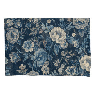 Navy Blue Vintage Floral Botanical Pattern Pillowcase