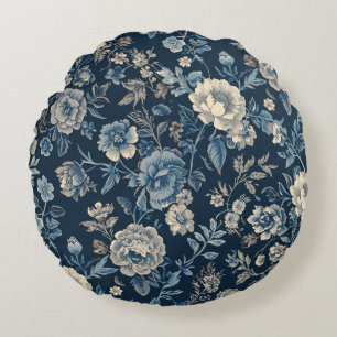 Navy Blue Vintage Floral Botanical Pattern Round Pillow