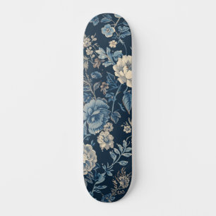 Navy Blue Vintage Floral Botanical Pattern Skateboard
