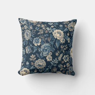 Navy Blue Vintage Floral Botanical Pattern Throw Pillow