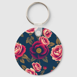 Navy Blue Vintage Floral Coral Roses Gold Leaves  Keychain