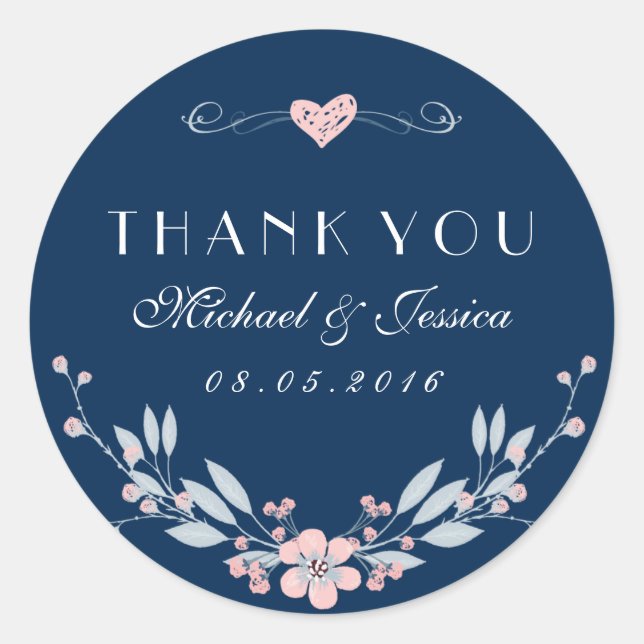 Navy Blue Vintage Flower Wedding Sticker with Love (Front)