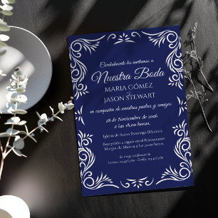 Navy Blue Vintage Formal Elegant Spanish Wedding Invitation