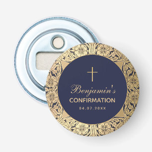 Navy Blue Vintage Gold Roses Boy Confirmation  Bottle Opener