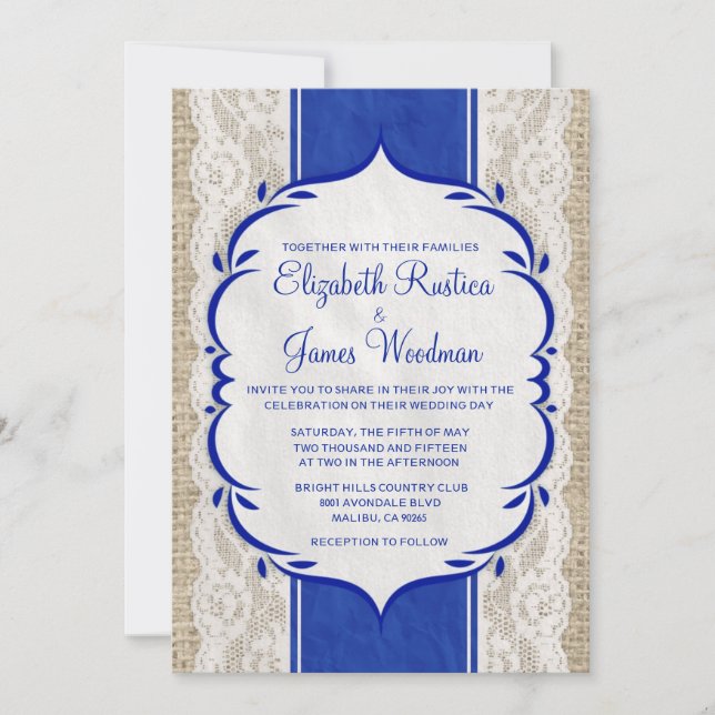 Navy Blue Vintage Linen Burlap Wedding Invitations (Front)