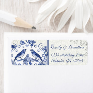 Navy Blue Vintage Love Birds Oak Tree Acorn Label