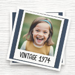 Navy Blue Vintage Milestone Birthday Photo Napkin<br><div class="desc">Add a touch of nostalgia to your celebration with Vintage Milestone Birthday Photo Keepsake Napkins. Featuring a charming vintage design, these napkins can be personalized with a favourite photo and birthday details, making them a unique and memorable addition to your event. Crafted from high-quality, absorbent material, they are perfect for...</div>