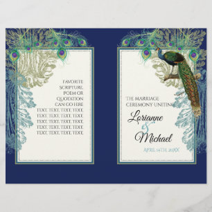 Navy Blue Vintage Peacock Feather Wedding Program