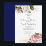 Navy Blue Vintage Pink Floral 16th Birthday Invitation<br><div class="desc">Elegant botanical with blush pink floral (roses) on white and navy blue 16th birthday party / Sweet Sixteen invitation.</div>