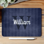Navy Blue Vintage Pinstripe Retro Monogram Mouse Pad<br><div class="desc">This design features a vintage pattern of white pinstripes on a navy blue background. Personalize it with your monogram initial in dark blue and your name in white retro script.</div>