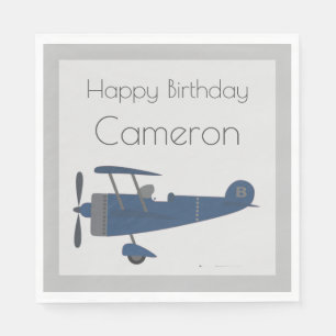 Navy Blue Vintage Plane Boy's Custom Name Napkin