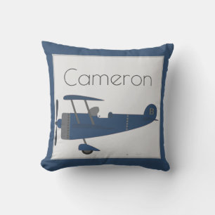 Navy Blue Vintage Plane Boy's Custom Name on Blue Throw Pillow