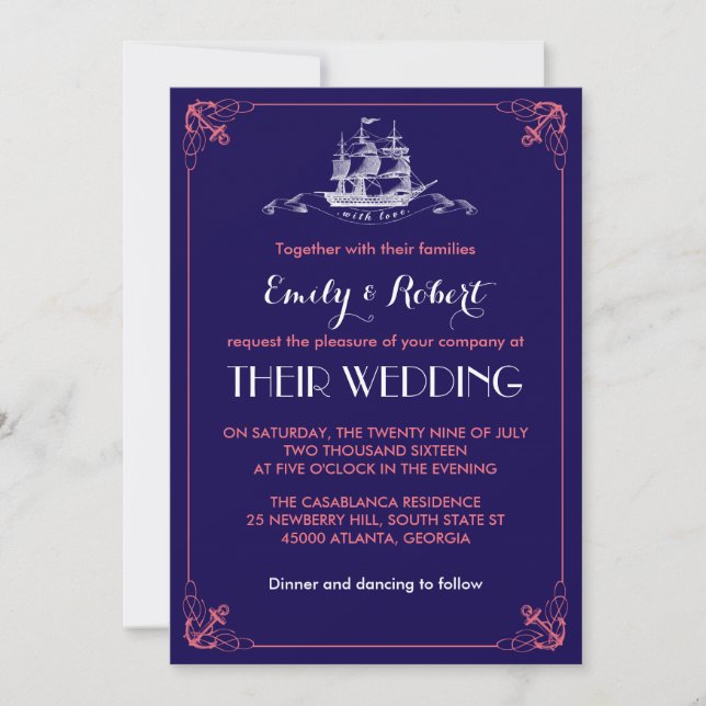 Navy Blue Vintage Ship Anchor Wedding Invitation (Front)