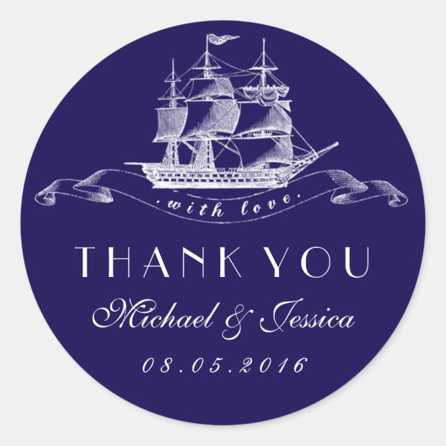Navy Blue Vintage Ship Thank You Wedding Sticker (Front)