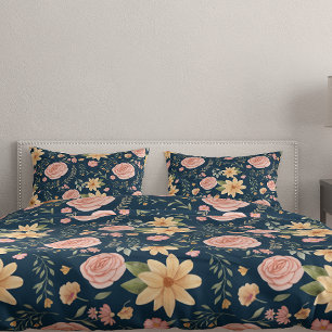 Navy Blue Vintage Wildflower Rose Pattern  Pillowcase