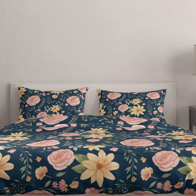 Navy Blue Vintage Wildflower Rose Pattern  Pillowcase (Navy Blue Vintage Wildflower Rose Pattern Pillow Case)