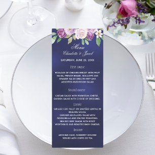 Navy blue violet florals wedding dinner menu card