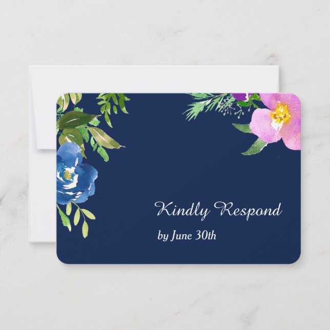 Navy Blue Violet Modern Floral Wedding RSVP Card (Front)