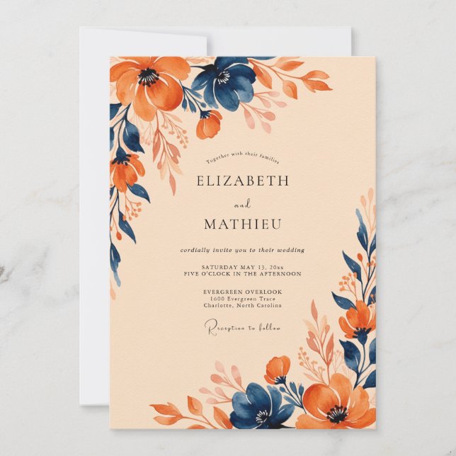 Navy Blue Vivacious Autumnal Wedding Invitation (Front)