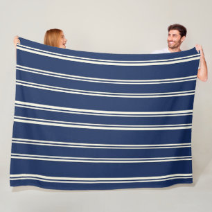Navy Blue Warm Ivory Classic Elegant Stripes Fleece Blanket
