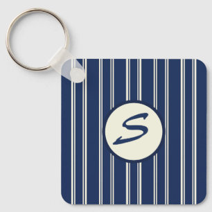 Navy Blue Warm Ivory Classic Elegant Stripes Keychain
