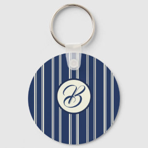 Navy Blue Warm Ivory Classic Elegant Stripes Keychain
