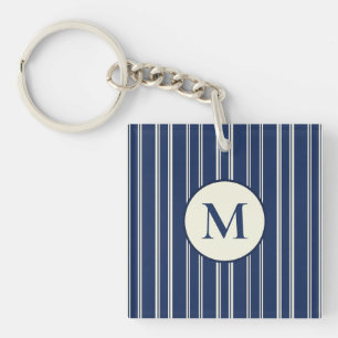 Navy Blue Warm Ivory Classic Elegant Stripes Keychain