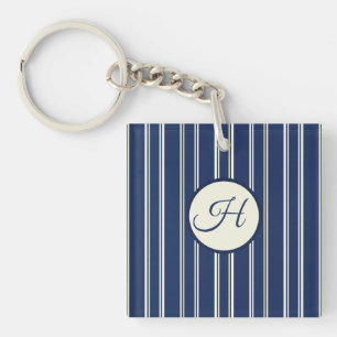 Navy Blue Warm Ivory Classic Elegant Stripes Keychain