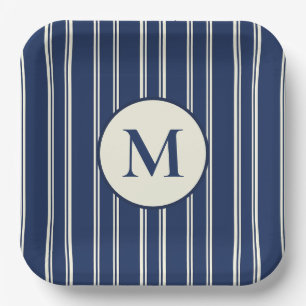 Navy Blue Warm Ivory Classic Elegant Stripes Paper Plate