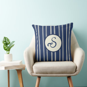 Navy Blue Warm Ivory Classic Elegant Stripes Throw Pillow