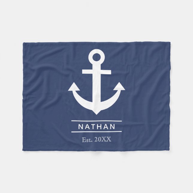 Navy Blue Washed Anchor Custom Monogram Name  Fleece Blanket (Front (Horizontal))