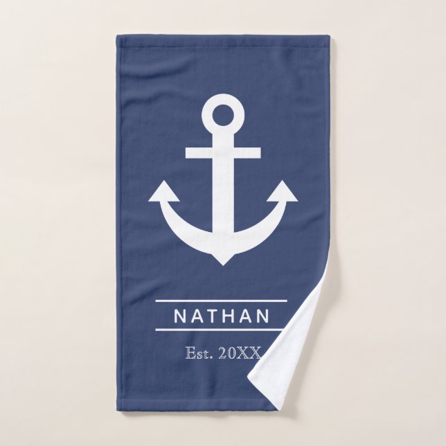 Navy Blue Washed Anchor Custom Monogram Name  Hand Towel (Hand Towel)